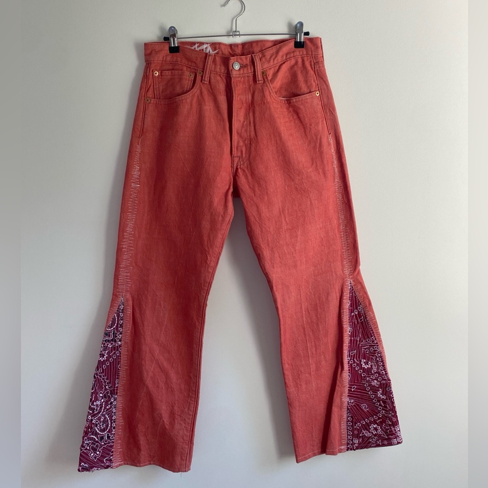 Levi's Cone Oak Denim Red Flare Jeans Upcycled with Red Bandana Flare